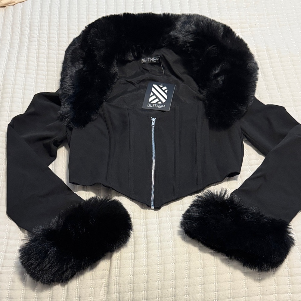 Elegant Black Top with Faux Fur Accents